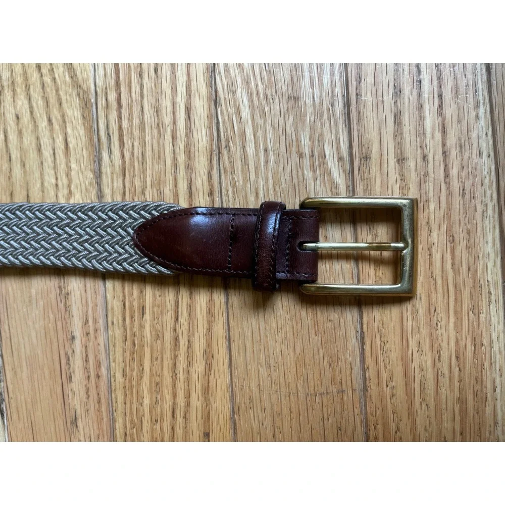 Mens Woven Stretch Belt Brown Leather Solid Brass Buckle Herringbone Braided S‎
